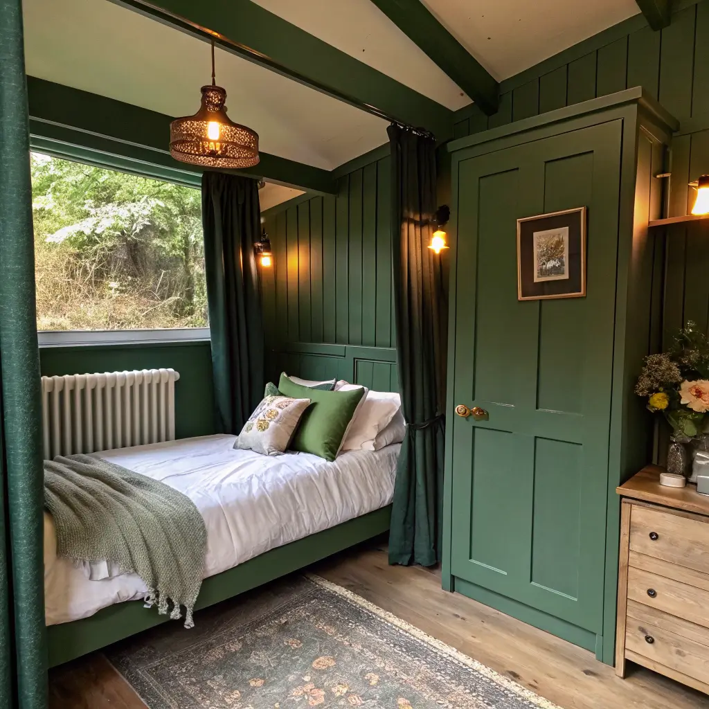 Small UK box room bedroom with forest-green walls and ceiling, compact double bed with ivory headboard, cream and sage bedding, brass pendant and wall shelf, and an oat rug lit by warm evening lamplight.