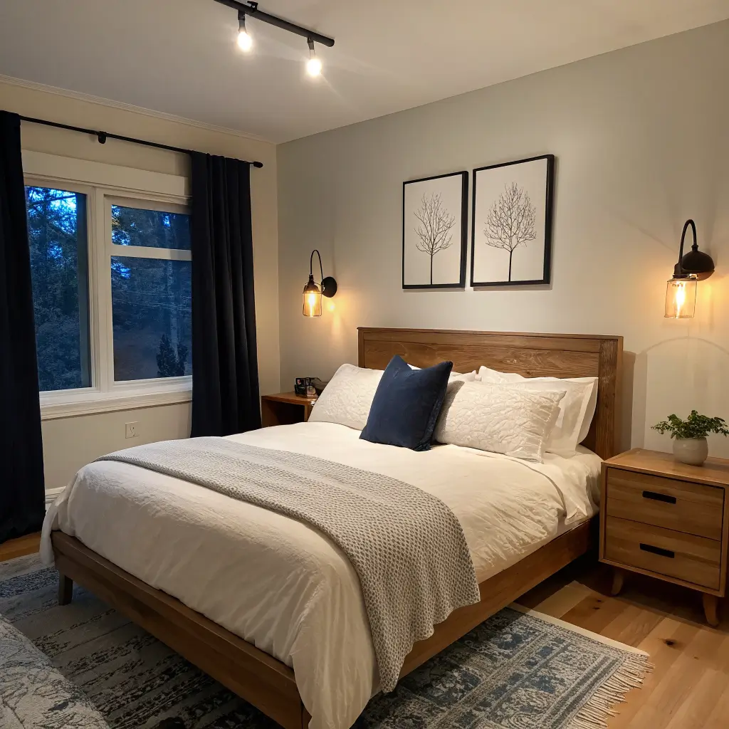 Minimalist 10x10 cozy bedroom at blue hour with ivory walls, deep indigo accent wall, oak platform bed in ivory linens, black sconces, leaning black-framed mirror, tall ivory curtains, abstract indigo print, and oat wool rug.