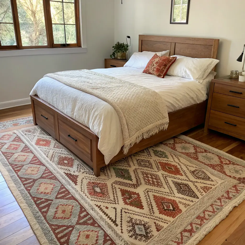 Overhead three-quarter view of a walnut storage bed on a vintage oat-and-rust rug extending two-thirds under the bed, with 18 inches visible on oak floors in soft morning light.