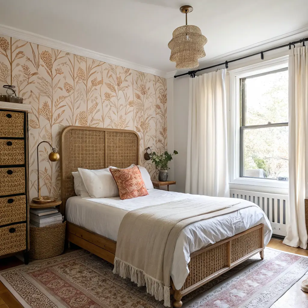 Small renter bedroom with rattan headboard, block-print wallpaper accent, ivory linen curtains on tension rod, brass plug-in sconces, layered oat and terracotta bedding, under-bed storage, leaning black-framed mirror, and warm wool rug in natural morning light.