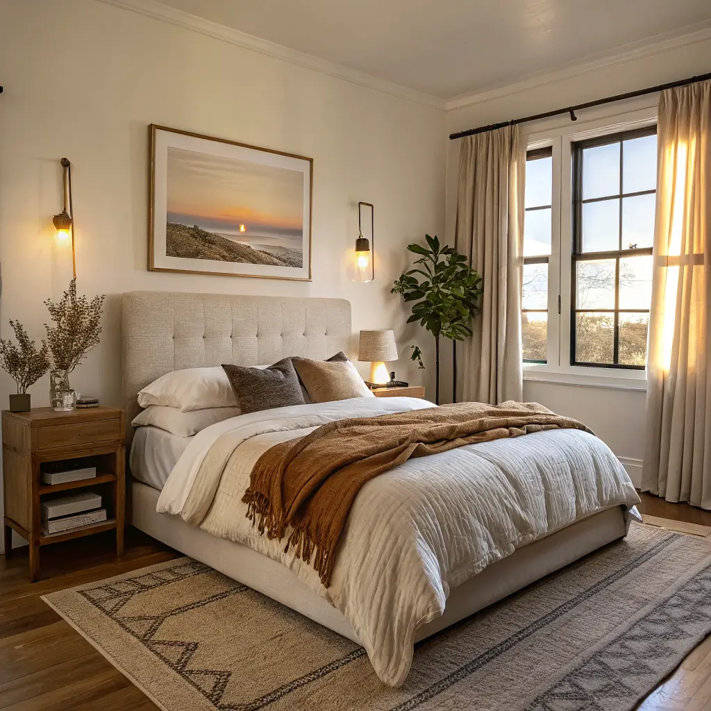 Small bedroom in golden-hour light with oat linen bed, mushroom flannel duvet, chunky cream throw, rust and cognac pillows, brass sconces, abstract landscape art above the headboard, and a walnut nightstand with dried eucalyptus.