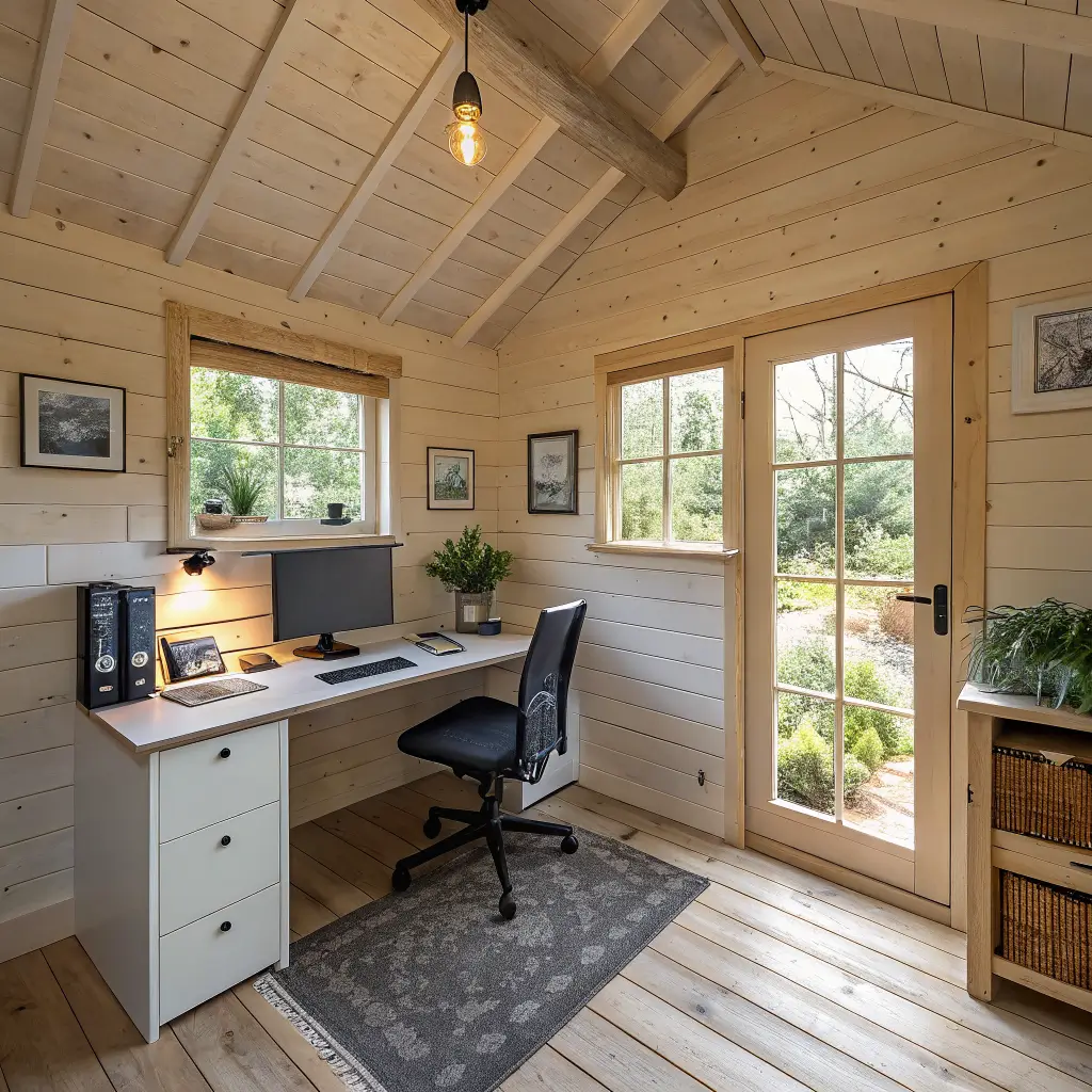 Photorealistic small cabin office with ash desk, black mesh chair, oak floors, warm morning light through side window, and minimal decor.