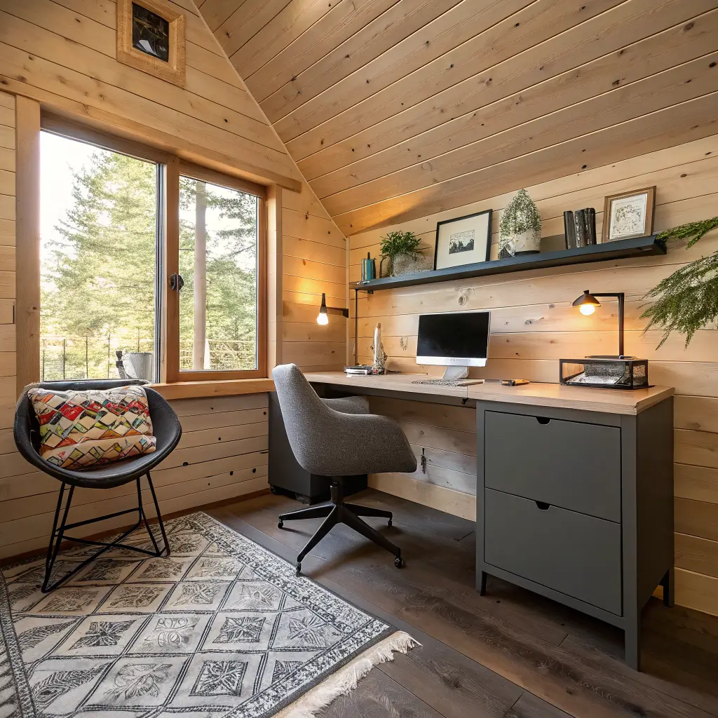 Photorealistic loft nook cabin workspace under a sloped pine ceiling at golden hour, with an ash desk by a small square window, black ergonomic chair, black metal cabinet, warm task lamp, jute rug, and pothos on a floating shelf.