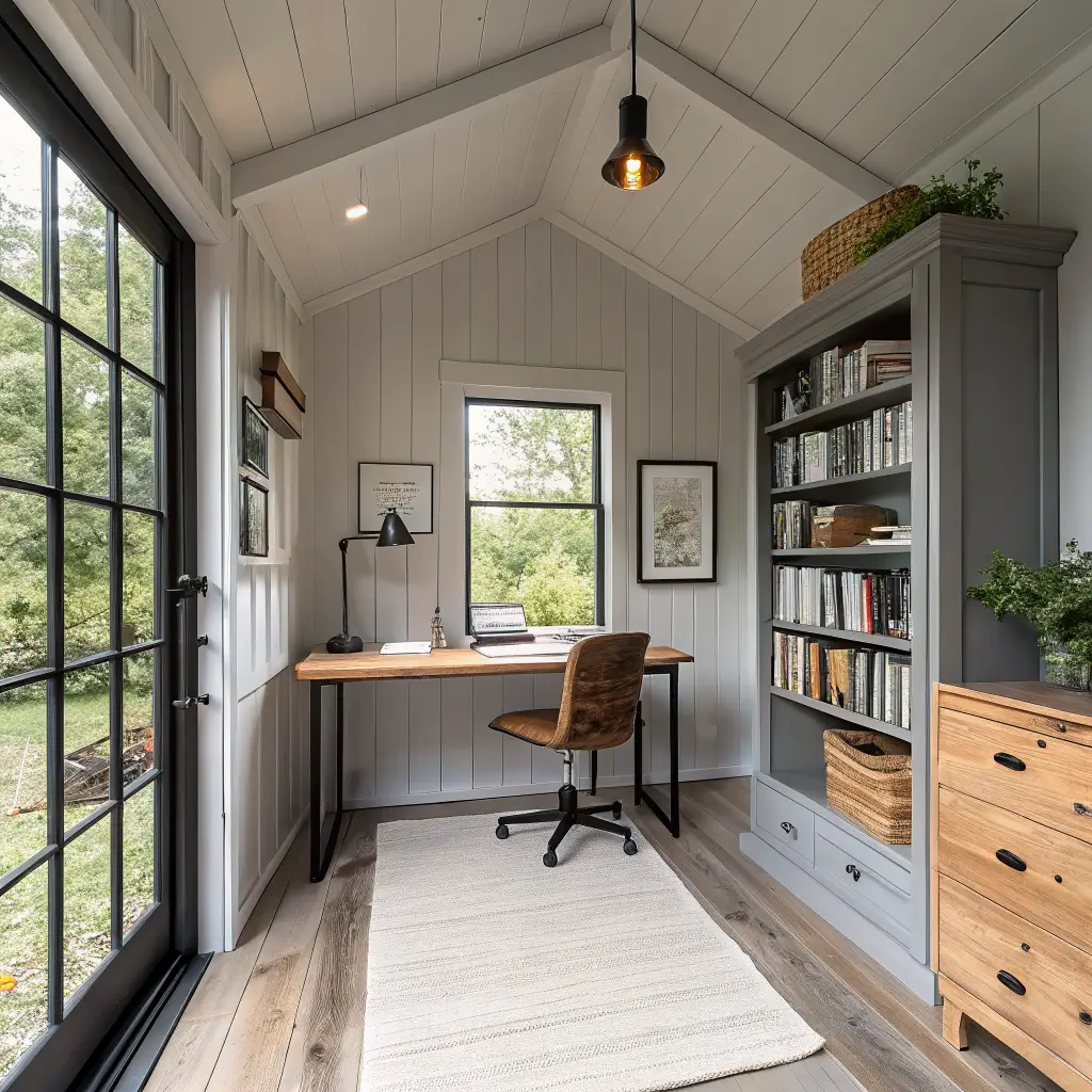 Straight-on midday view into a modern rustic 10x12 shed office with pale oak desk by left window, cream rug, Edgecomb Gray walls, tall pine bookcase on right, exposed rafters, matte black light, and a snake plant in the corner.