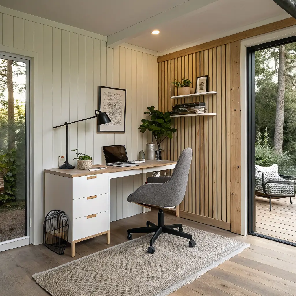 Photorealistic Scandi cabin–style workspace with pale ash desk, honey pine slat accent wall, black ergonomic chair, brass task lamp, ZZ plant, linen curtains, and minimalist framed print in warm afternoon light.