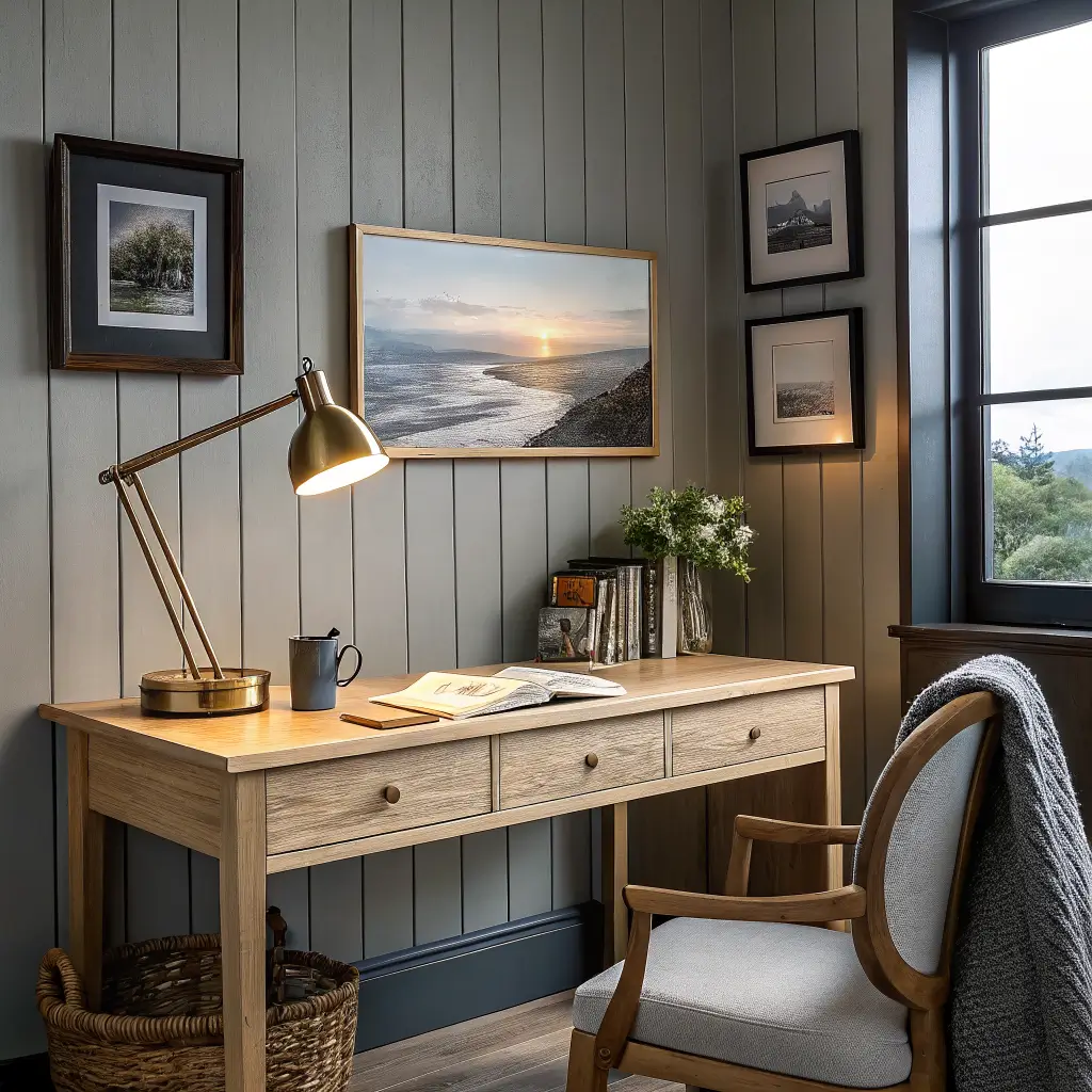 Photorealistic cabin office desk scene with a Repose Gray accent wall, black-framed landscape photo, oak desk, brass task lamp, and cozy neutral accessories in warm evening light.