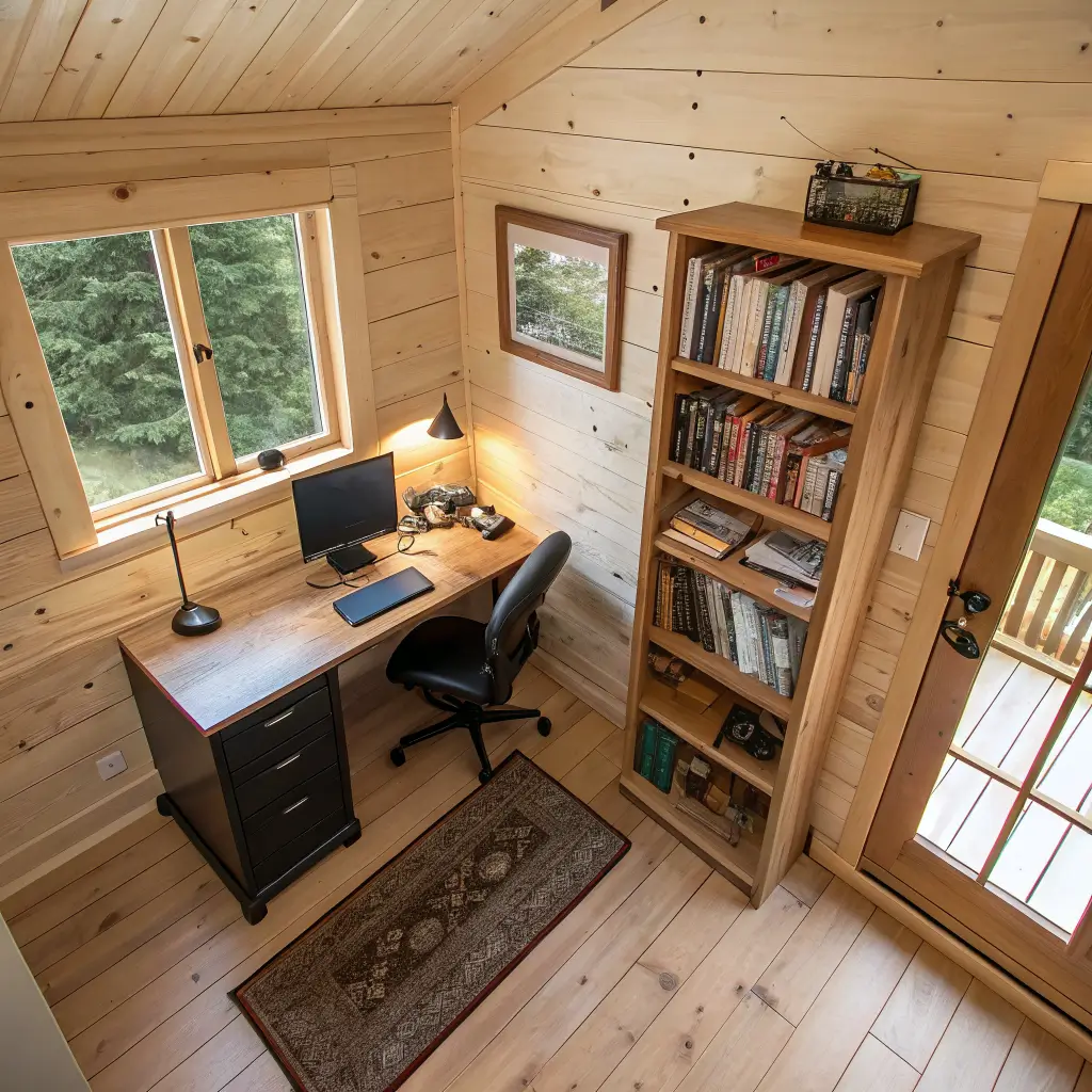 Overhead angled photo of a 9x10 cabin office with desk by left window, pine bookcase, black ergonomic chair on jute rug, pale oak floors, Swiss Coffee walls, stool side table, snake plant, and layered lighting.