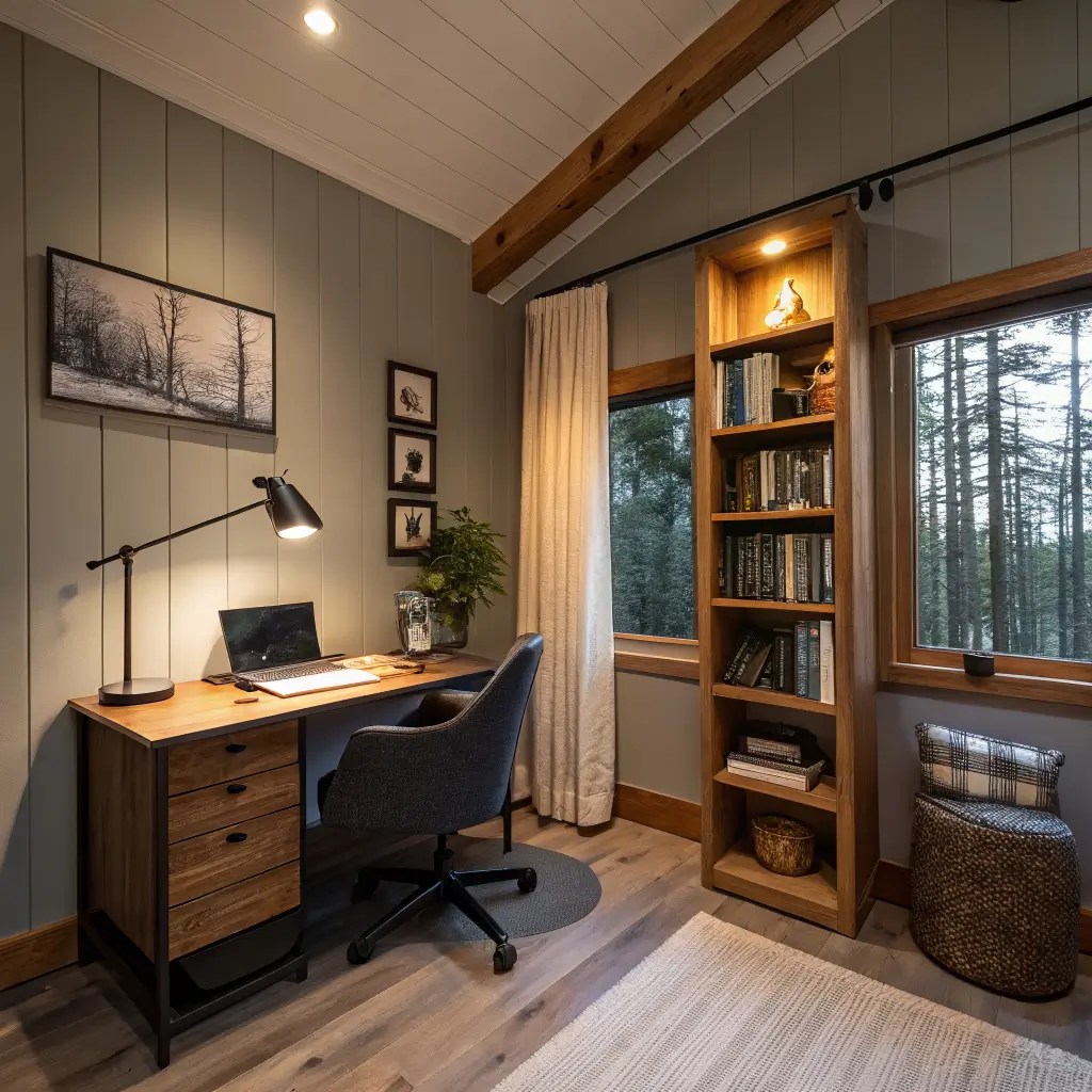 Photorealistic cabin office corner at dusk with warm layered lighting: ash desk with brass task lamp, matte black ceiling light, pine floor lamp by tall bookcase, black ergonomic chair with wool throw, greige walls, linen curtains, and ZZ plant on a pine shelf.