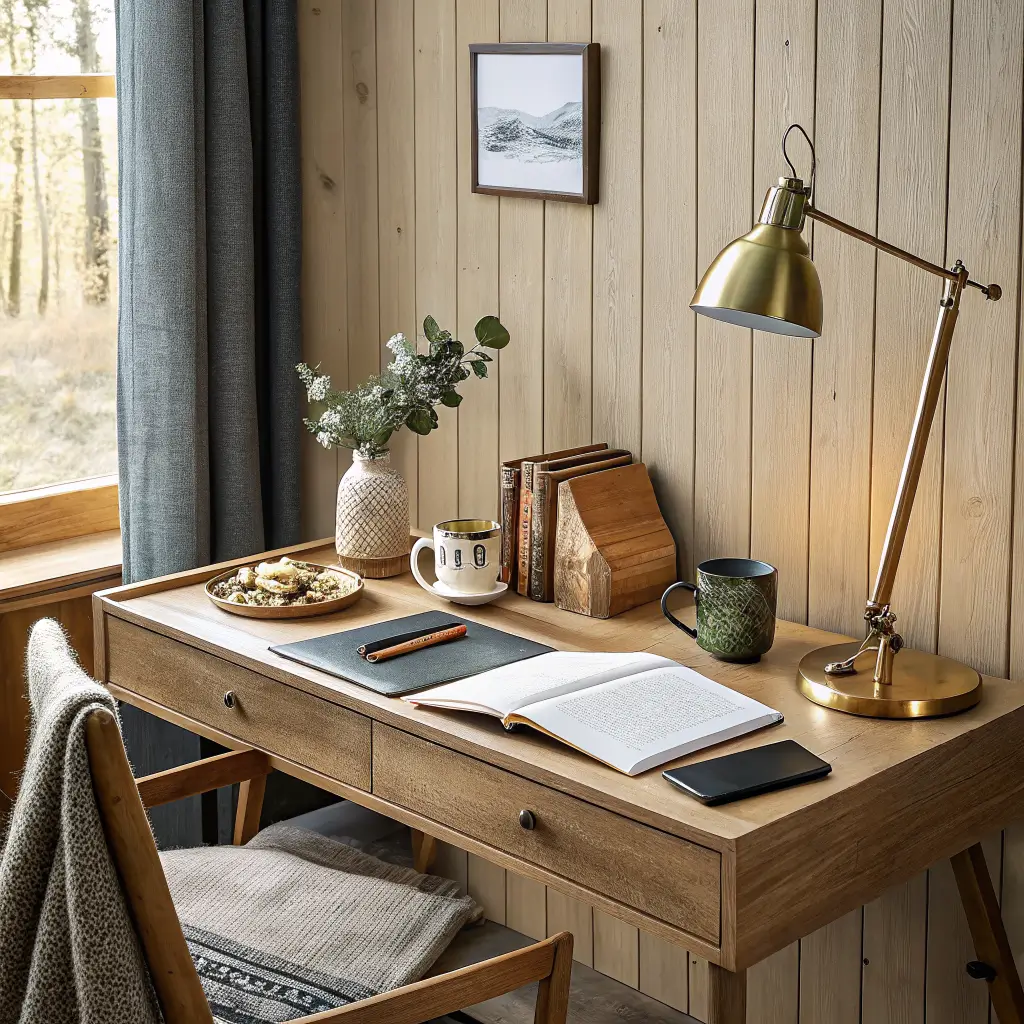 Photorealistic pale oak cabin office desk with laptop, brass lamp, leather tray, mug, and eucalyptus vase against honey pine slat wall in soft morning light
