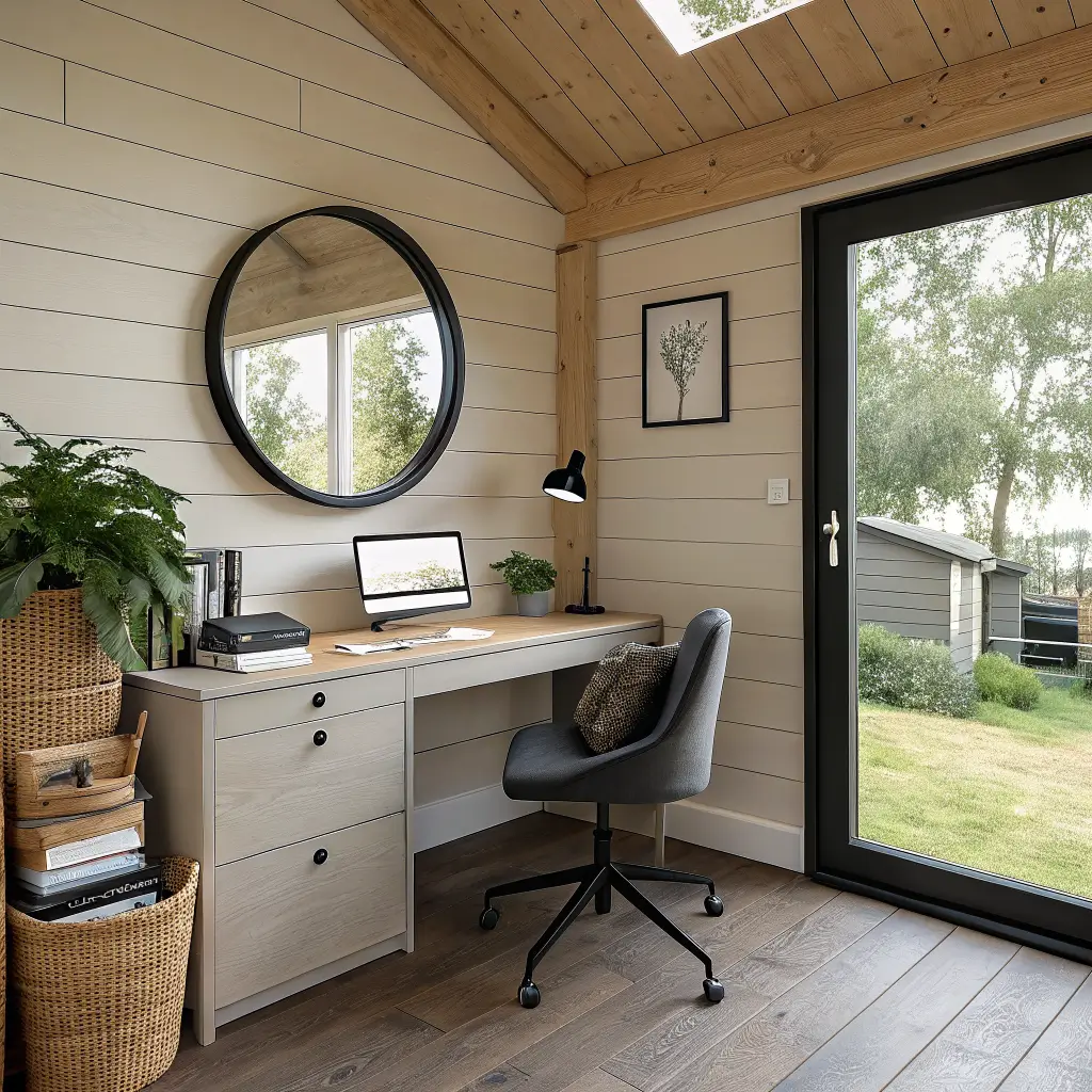 Photorealistic 7x9 cabin office with round black-framed mirror reflecting a small window, pale oak desk, black chair, pine cabinet, and bright warm morning light.
