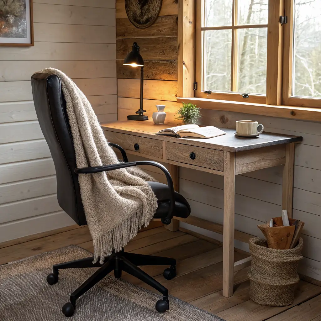 Black ergonomic chair with oatmeal wool throw beside a pine stool holding a stoneware mug and linen-bound book in a warm greige cabin office with ash desk, brass candleholder, flax curtains, and a ZZ plant in terracotta.