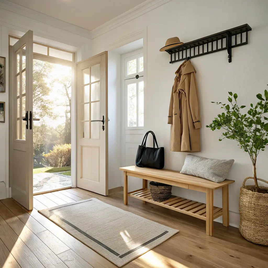 Sunlit Scandinavian entryway with oak bench, oatmeal cushion, black peg rack with coat and tote, jute runner, seagrass baskets, and brass key tray, opening into a bright living room.
