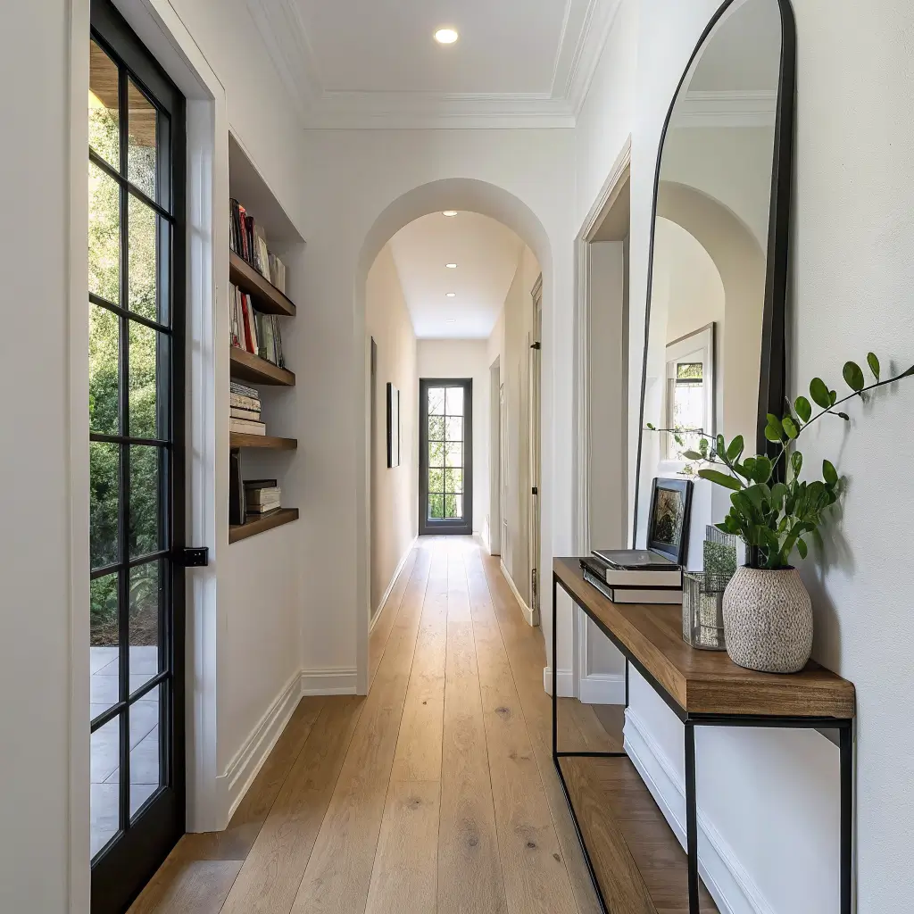 Photorealistic narrow entry hallway with white walls, light oak floor, jute runner, arched mirror and floating shelf decor, monstera plant, and warm afternoon light at the far window.