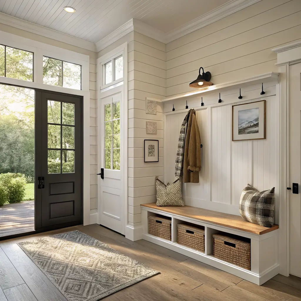 Photorealistic small transitional farmhouse entryway with off-white shiplap, light oak floor, peg rail with coats, oak bench with seagrass baskets, striped runner, and round black-framed mirror in warm natural light.