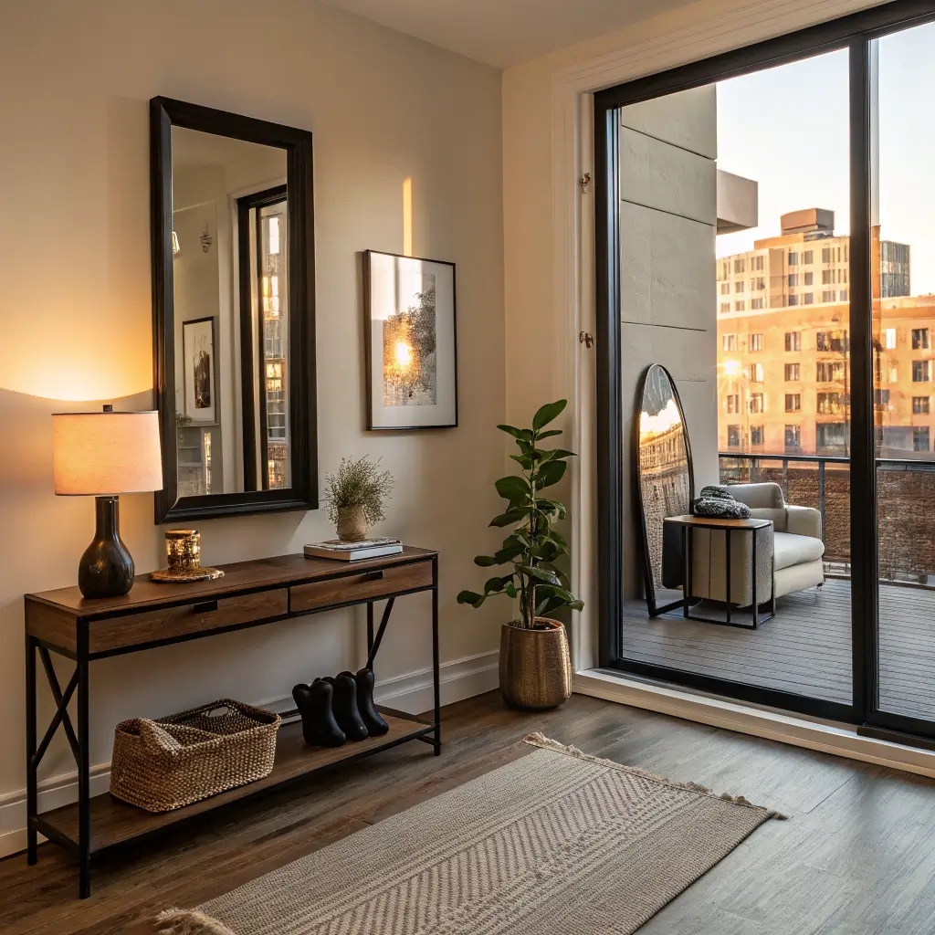 Photorealistic small apartment entryway with greige walls, a black-framed leaning mirror, slim walnut console with keys and brass lamp, matte black hooks holding a linen tote, and an oatmeal runner in warm golden-hour light.