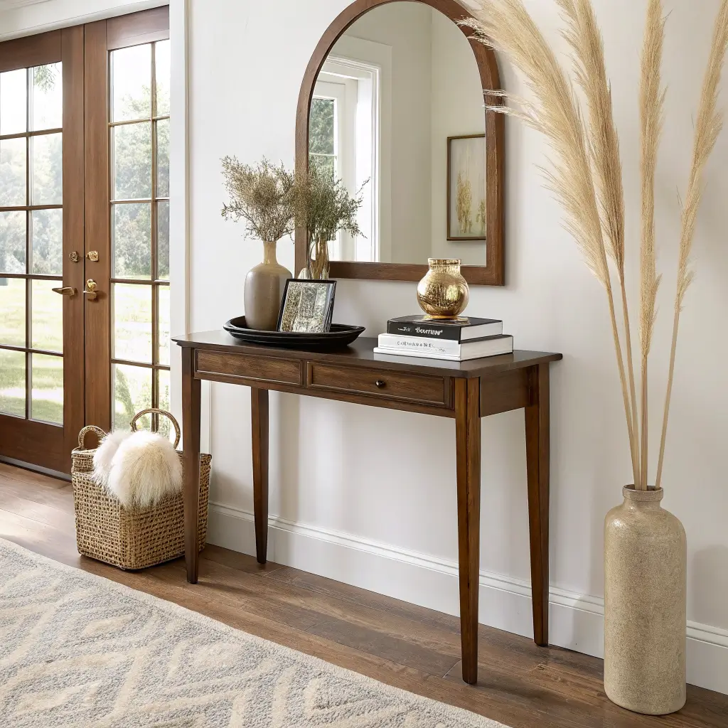 Photorealistic entryway nook with a slim walnut console table, black tray with keys and books, cream vase with pampas grass, and an arched brass-framed mirror above on a warm white wall.