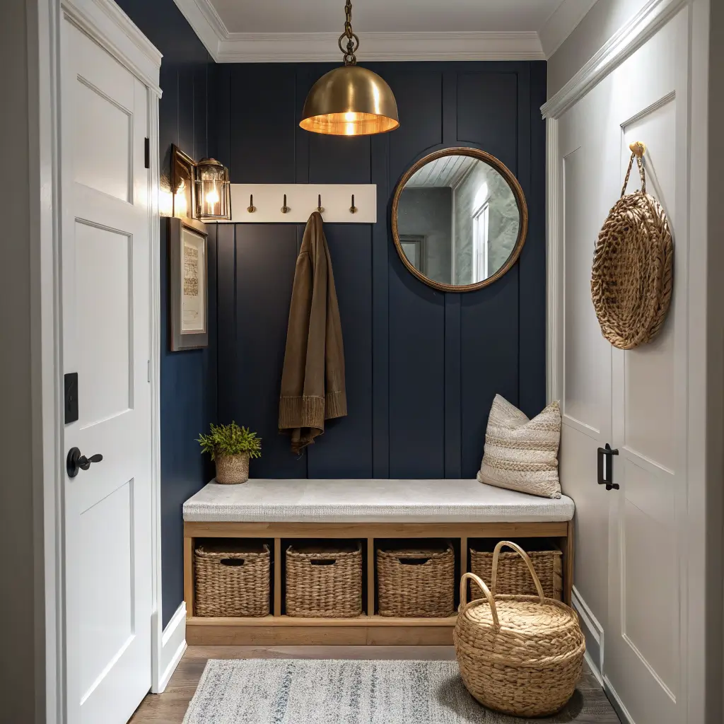 Photorealistic entryway with deep navy accent wall, light oak bench with bouclé cushion and baskets, arched brass mirror, black hooks with camel coat, jute runner, and warm brass pendant lighting.