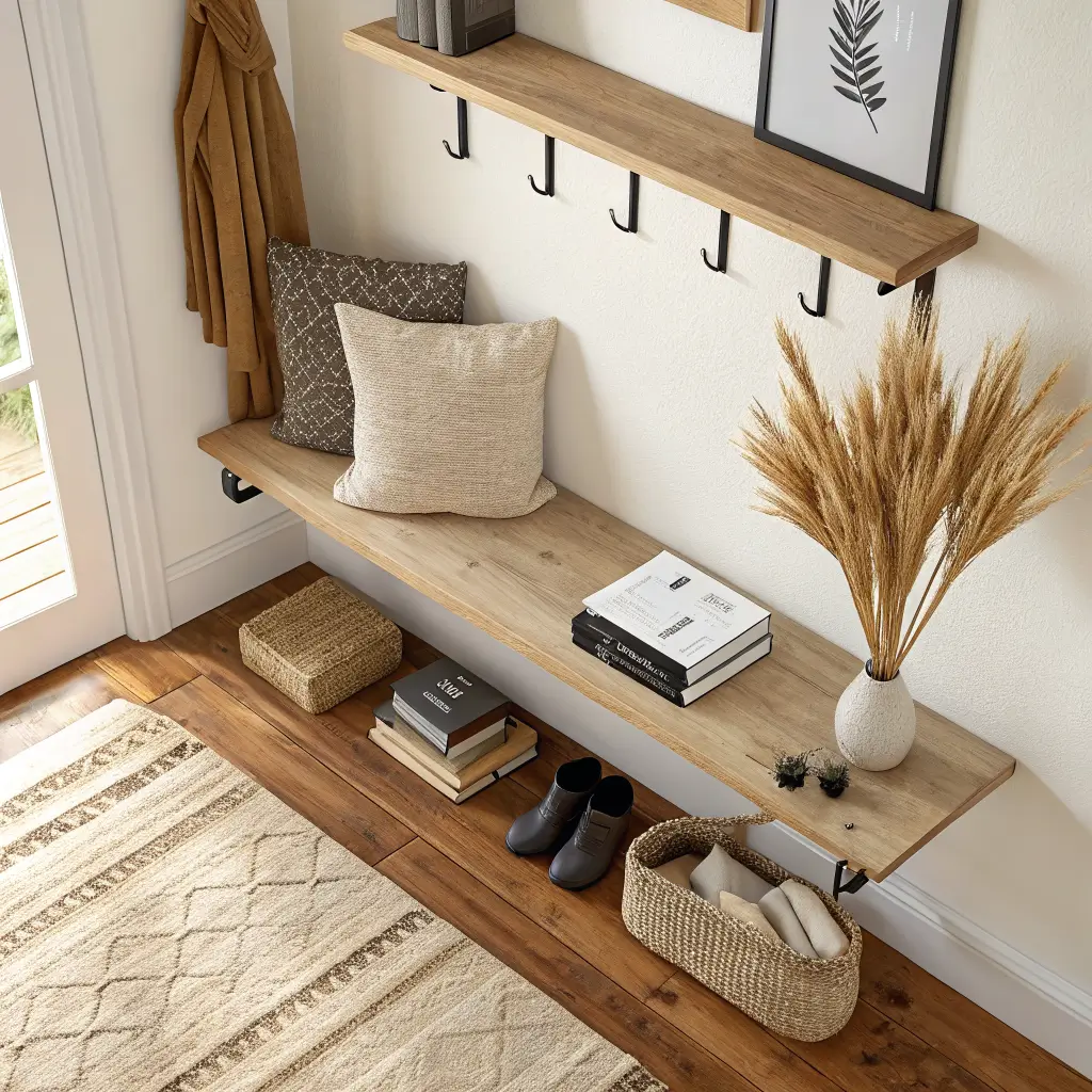 Overhead angled view of a warm white entryway with a light oak floating shelf, black hooks, jute rug corner, and a linen bouclé cushion, styled with a cream vase of dried wheat, keys on a black tray, and two linen books in warm afternoon light.