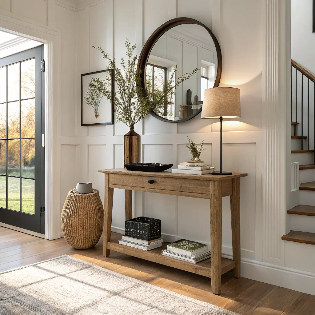 Photorealistic small entryway with oak console, brass lamp, round black mirror, jute runner, and warm afternoon light on warm white walls and light oak floor.