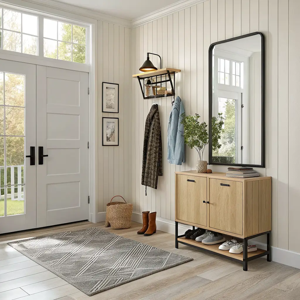 Small renter-friendly entryway with peel-and-stick cream beadboard, matte black command hooks with coats, slim light oak shoe cabinet, black-framed leaning mirror, warm brass puck sconce, and striped runner in soft morning light.
