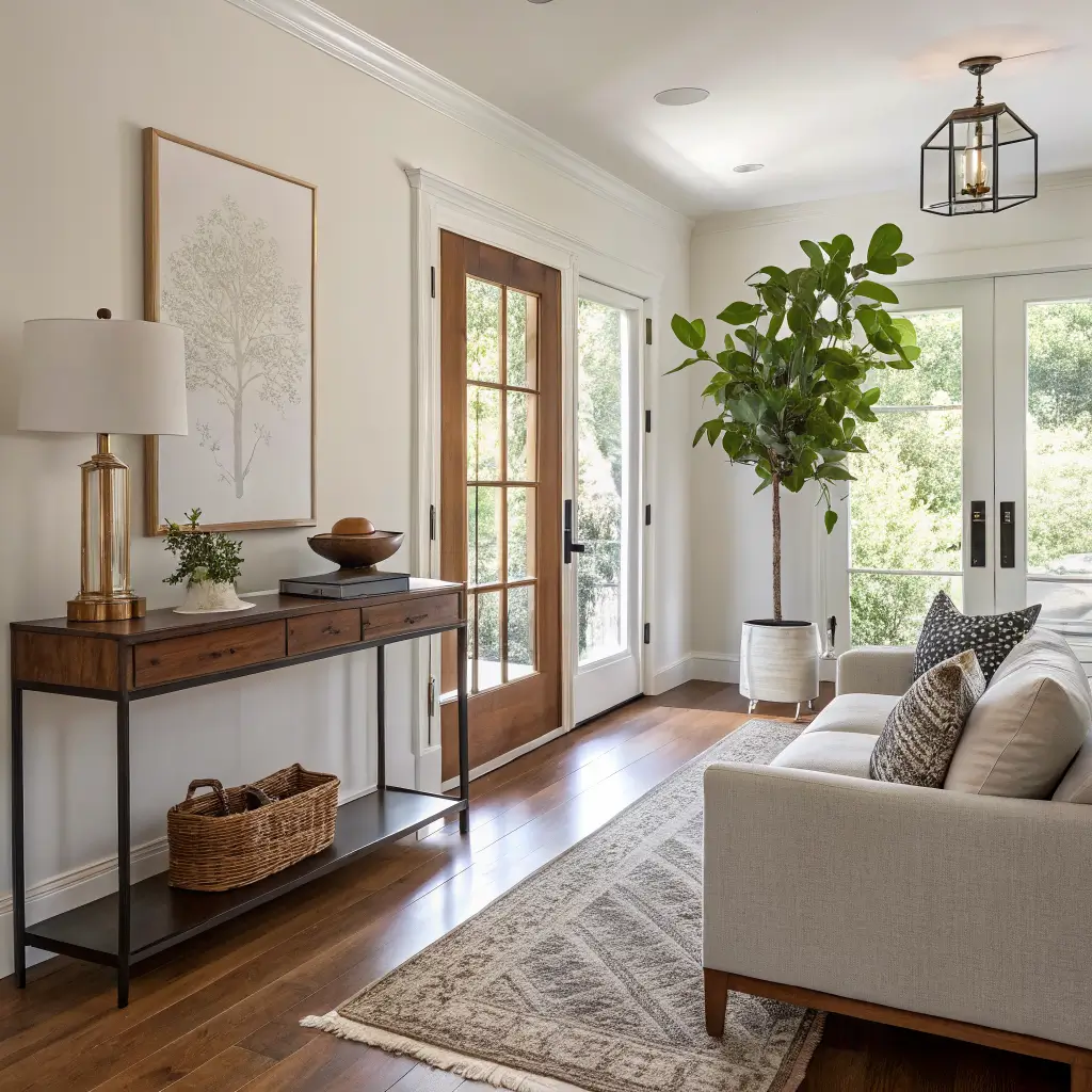 Photorealistic studio entryway with jute runner, floating walnut console behind linen sofa, brass pendant and lamp, and a fiddle-leaf fig in a matte black planter in warm late-afternoon light.