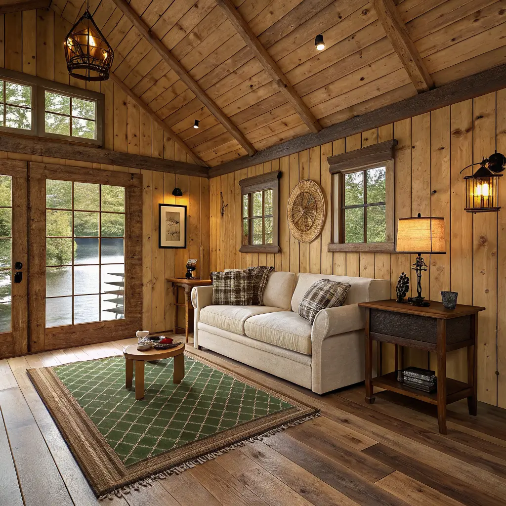 Photorealistic fishing cabin living room with honey pine walls, cedar beams, cream sofa on layered jute and plaid rugs, barnwood coffee table, and golden hour light by a lakeside window.