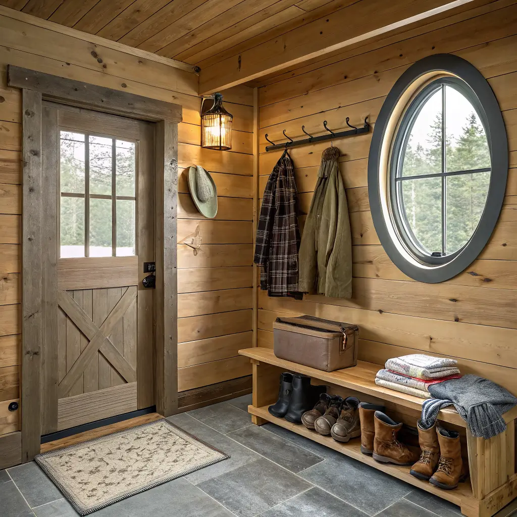 Photorealistic 4x7 cabin mudroom with honey pine walls, cast iron hooks holding a waxed-canvas jacket and plaid shirt, boot tray with worn boots and waders, cream storage bench with wool blanket, bamboo rod rack, and jute runner in warm morning light.