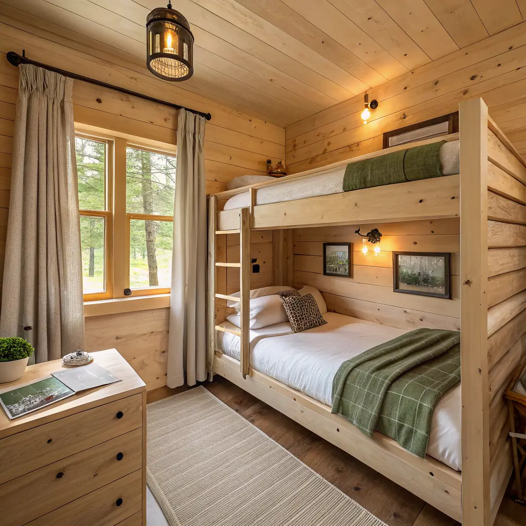 Photorealistic cabin bunkhouse with pale ash double-stacked built-in bunks, warm cream curtains at a small window, brass reading sconces, layered cream and oatmeal bedding with green plaid pillows, slate gray jute runner, and a low pine dresser in late afternoon light.