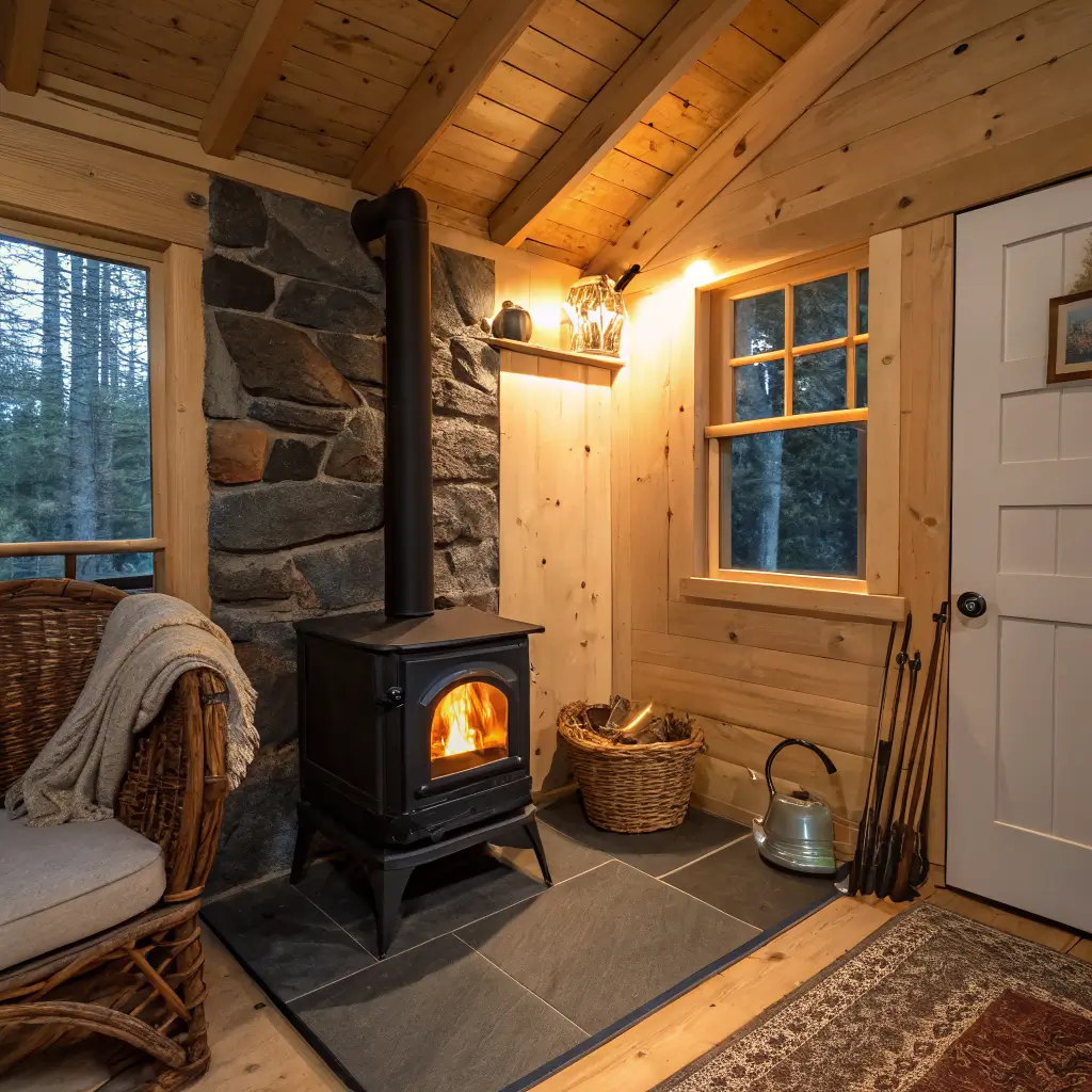 Cozy cabin living room corner with cast-iron wood stove glowing at blue-hour, birch wood stack, cream armchair with olive throw, and a vintage bamboo fly rod above the mantel.