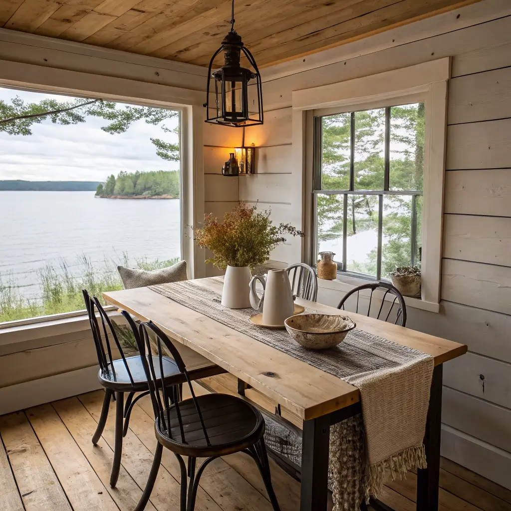 Photorealistic rustic cabin dining nook with pine table, mismatched chairs, lakeside window light, and simple tablescape under a black lantern pendant.