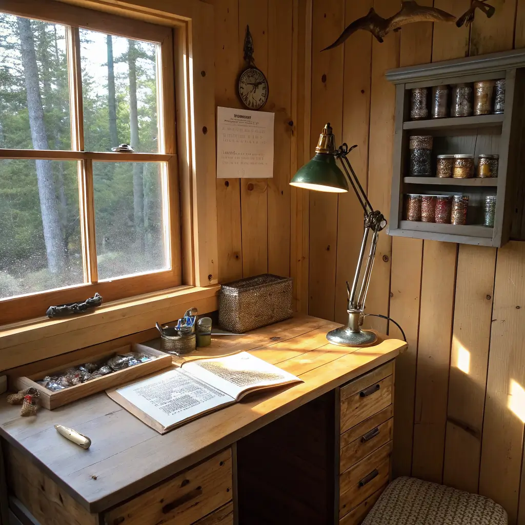 Photorealistic fly-tying corner in a small cabin with a reclaimed wood desk, brass task lamp, vise, jars of feathers and hooks, and warm window light.