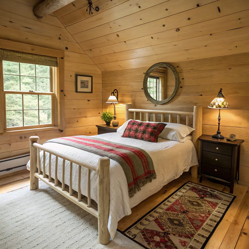 Photorealistic small cabin bedroom with pale pine log queen bed on a cream rug, cream and green bedding with a red-black buffalo check pillow, brass lamps on wood nightstands, and a round black-framed mirror in soft morning light.