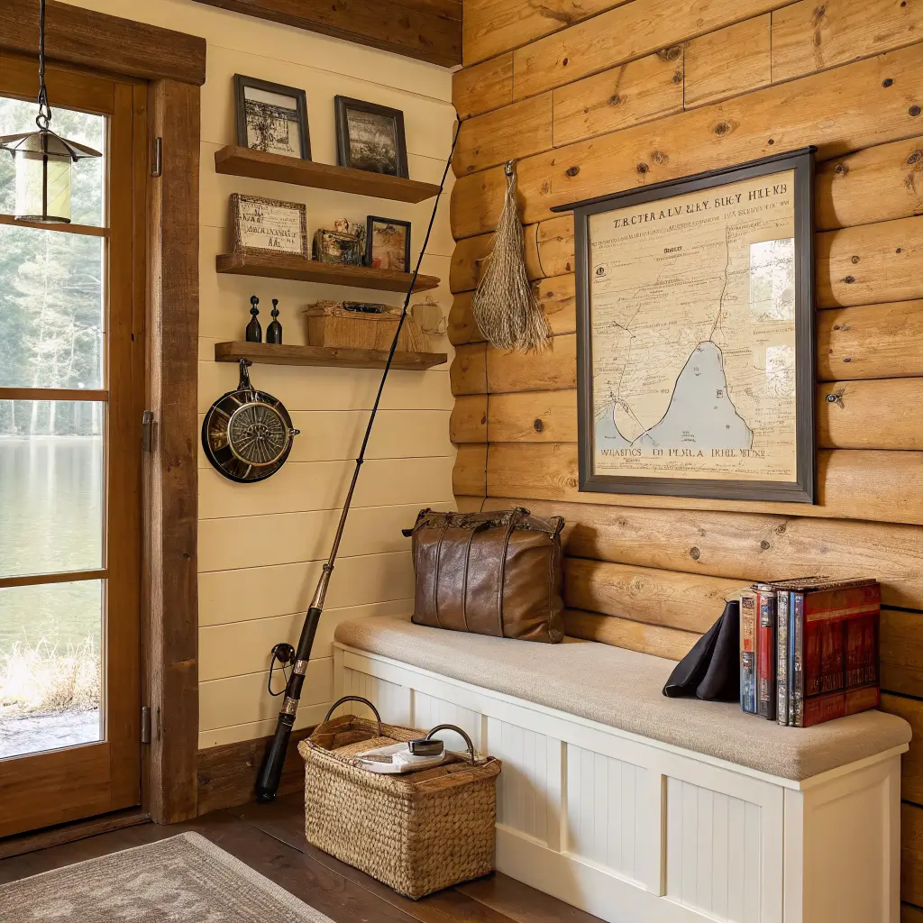 Angler cabin entry wall with honey pine planks, vintage bamboo fly rod, brass reel on shelf with books, framed antique lake map, and cream storage bench in warm daylight.