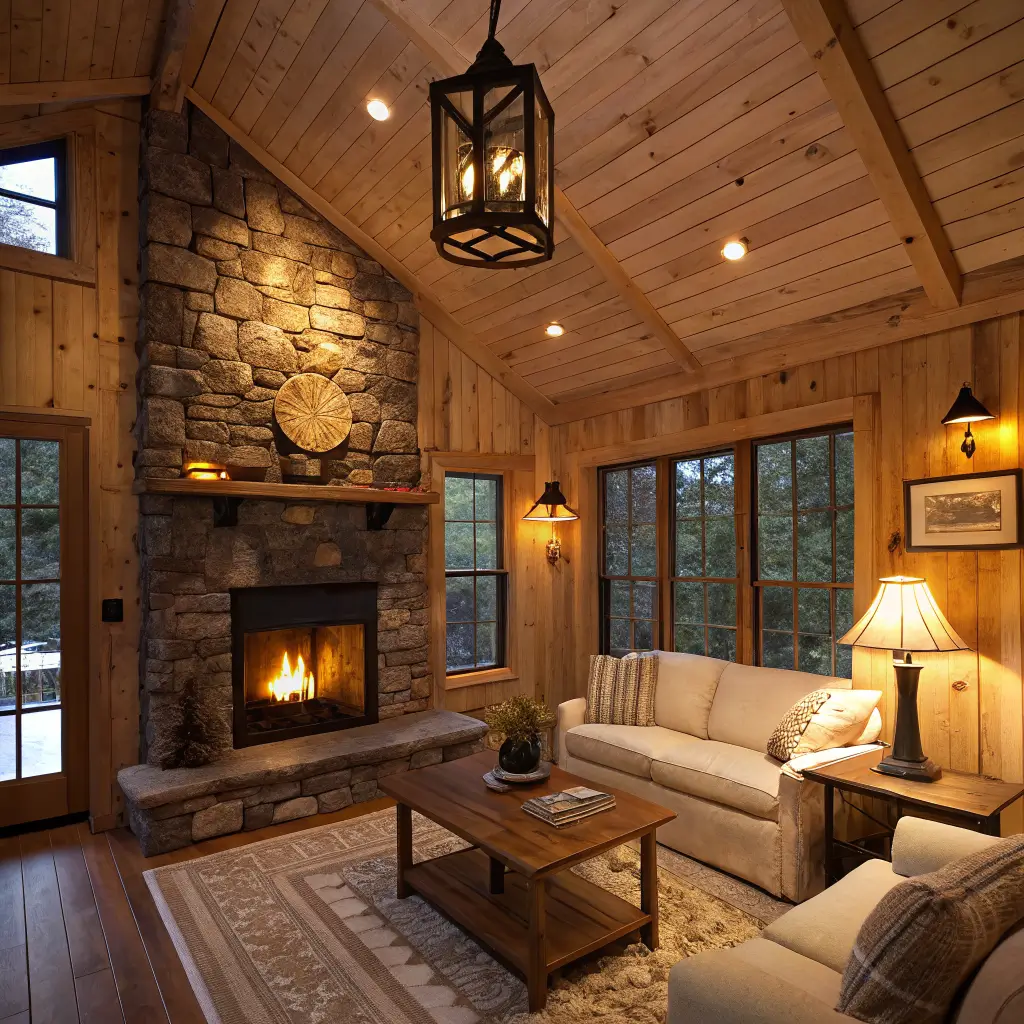 Photorealistic small cabin living room at dusk with honey pine walls, stone fireplace, and layered warm lighting from lantern pendant, sconces, table and reading lamps, string lights, cream sofa, olive armchair, and jute and plaid rugs.