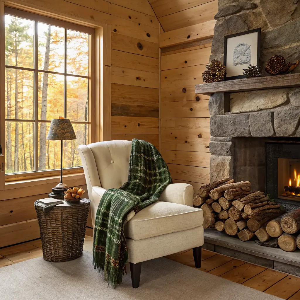 Photorealistic autumn cabin corner with honey pine walls, cream reading chair and plaid wool blanket by a stone hearth, folded blankets and firewood, pine side table decor, oars, and a botanical print in warm firelit daylight.