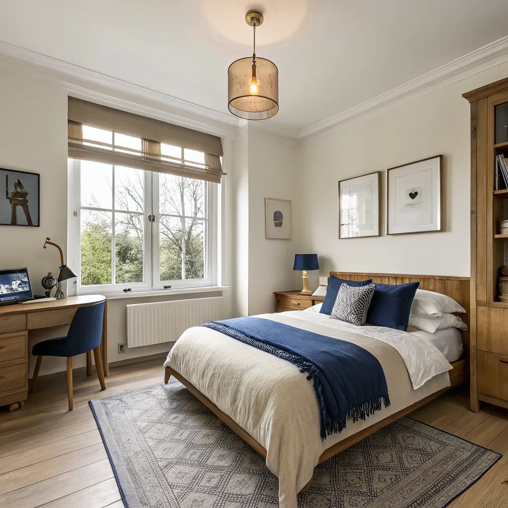 Photorealistic small spare bedroom with oak bed, Hague Blue accent wall, walnut desk by sash window, brass lamp, jute rug, and warm diffused morning light.