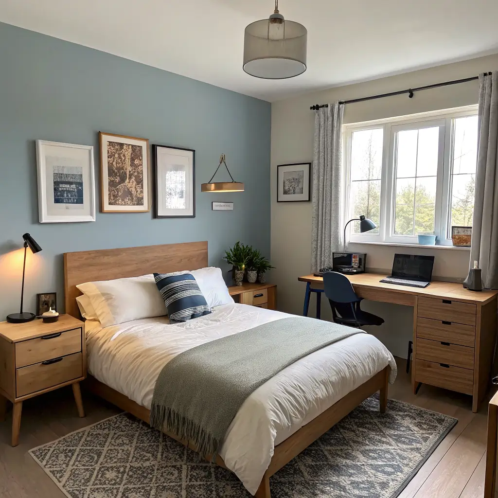 Photorealistic mood board of a serene guest bedroom-office with an oak double bed on a Hague Blue feature wall, walnut desk by the window, jute rug, mismatched off-white bedside tables, and soft north light through linen sheers.