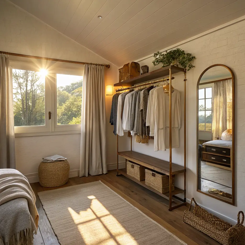 Photorealistic small box room transformed into a luxurious dressing room with brass clothes rail, arched brass mirror, walnut bench, oak floors, and warm golden-hour sunlight through linen curtains.