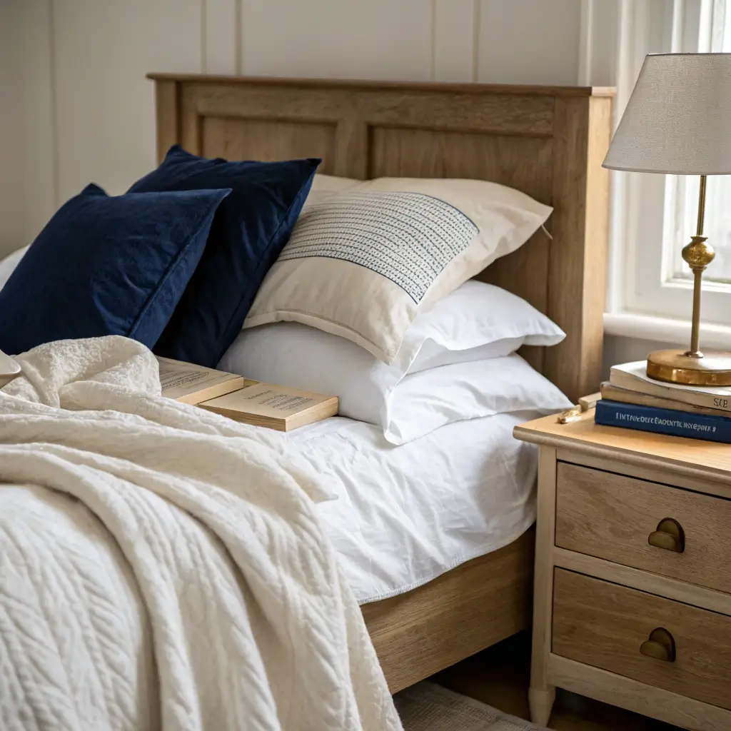 Close-up of a neatly layered bed corner with white cotton sheets, oatmeal linen duvet, cream wool throw, navy velvet cushions, and a brass lamp on an off-white nightstand against a Hague Blue wall.