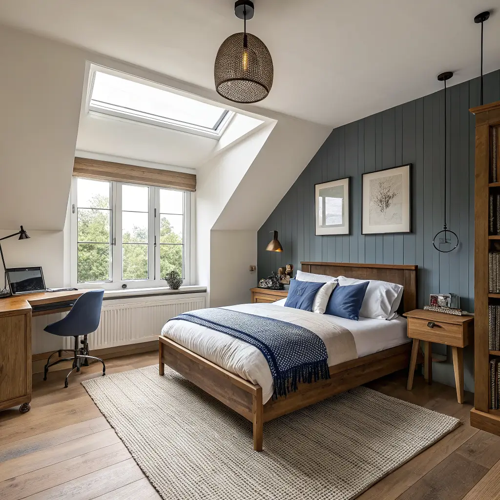 Photorealistic small guest room office with oak double bed on Hague Blue accent wall, walnut desk and mesh chair by window, jute rug, linen curtains, and warm task lamp glow.