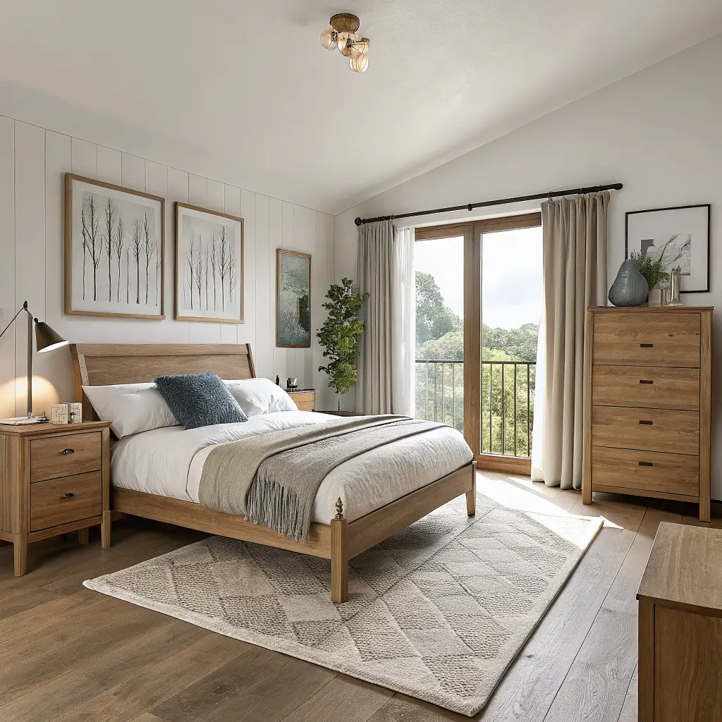 Photorealistic small spare bedroom with oak double bed against off-white wall, jute rug, linen curtains by window, walnut chest with brass lamp, and full-length brass mirror reflecting daylight.