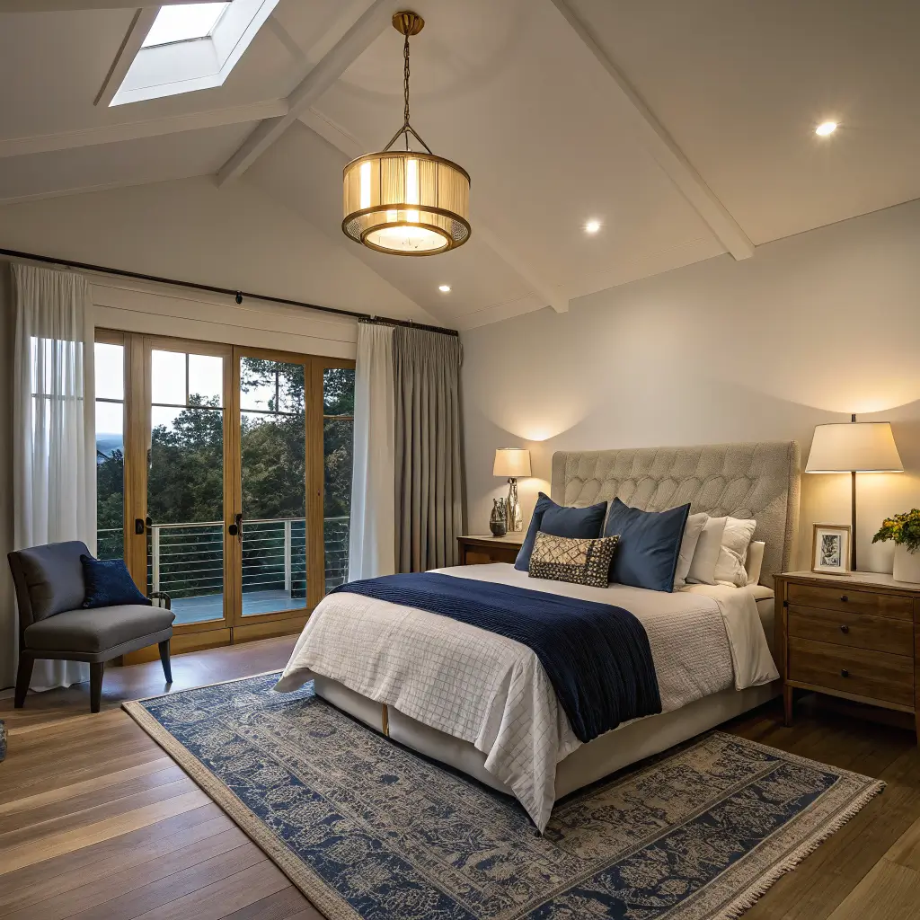 Photorealistic dusk-lit spare bedroom with brass pendant and matching bedside lamps, arcing walnut floor lamp by a reading chair, oak bed with oatmeal linen and navy cushions against a Hague Blue accent wall, linen curtains and jute rug.