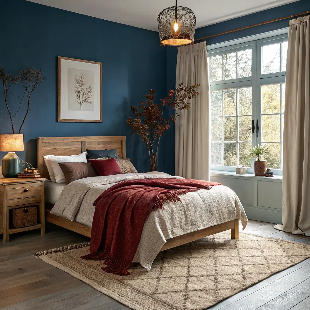 Cozy winter spare bedroom with oak bed against a Hague Blue wall, linen and wool bedding, warm brass lamp on off-white nightstand with eucalyptus, chunky rug, and brass mirror in golden afternoon light.