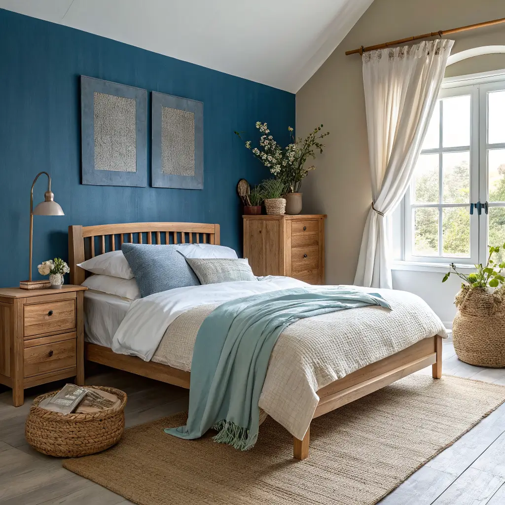 Photorealistic summer spare bedroom with oak bed against Hague Blue wall, oatmeal linen bedding with cream throw and pale blue cushions, sheer curtains, rattan basket, wildflowers on off-white bedside table, jute rug in bright late-morning light.