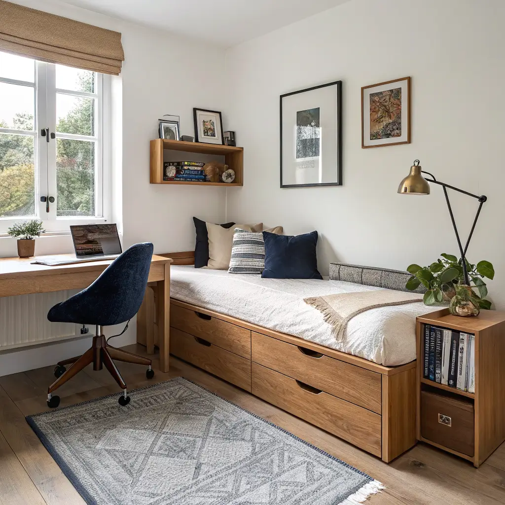 Photorealistic small box room home office with oak daybed, walnut desk, navy accents, jute rug, and soft afternoon light.