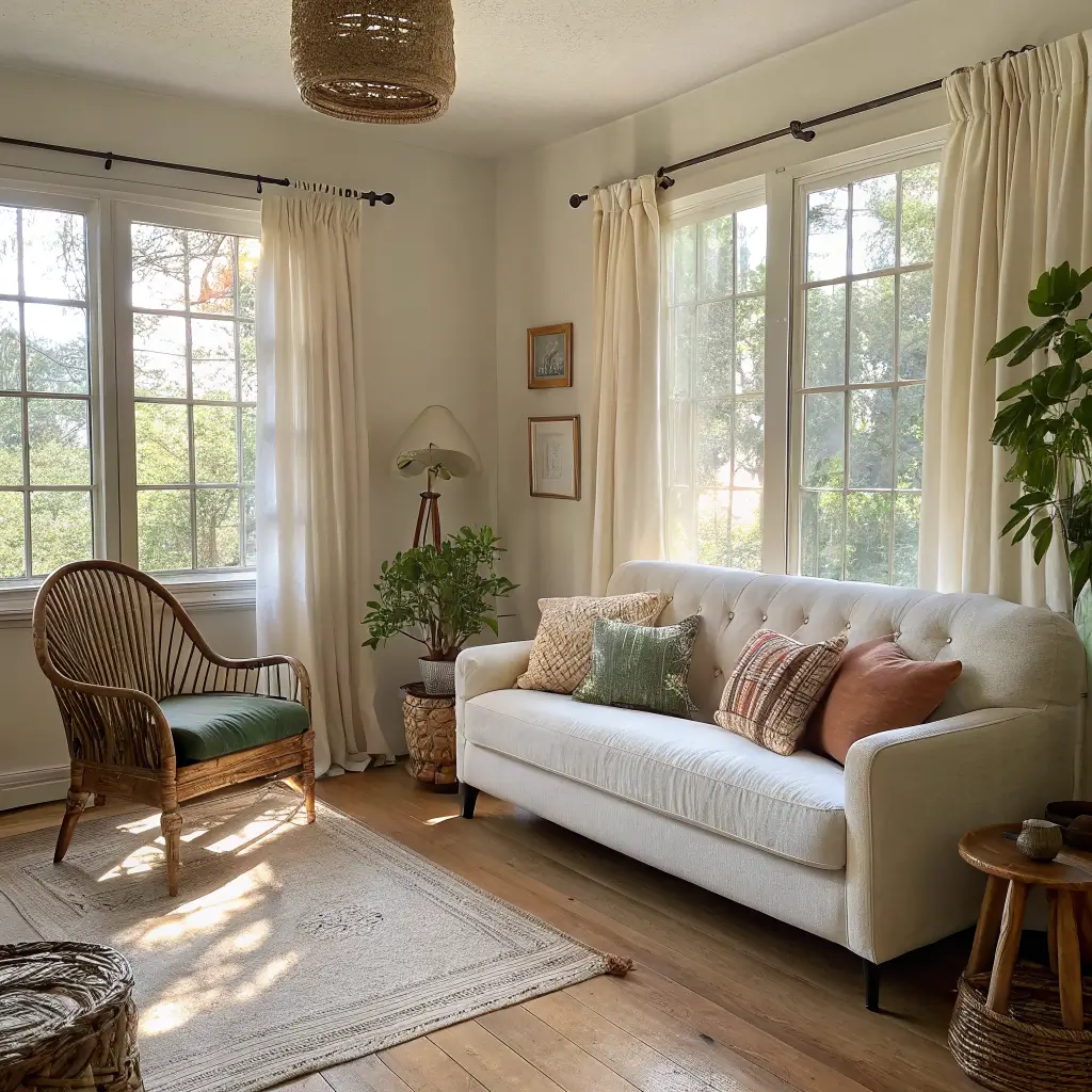 Photorealistic sunlit small living room with cream linen sofa, rattan chair, layered jute and Moroccan rugs, fiddle leaf fig, and billowing sheer curtains in warm spring light.