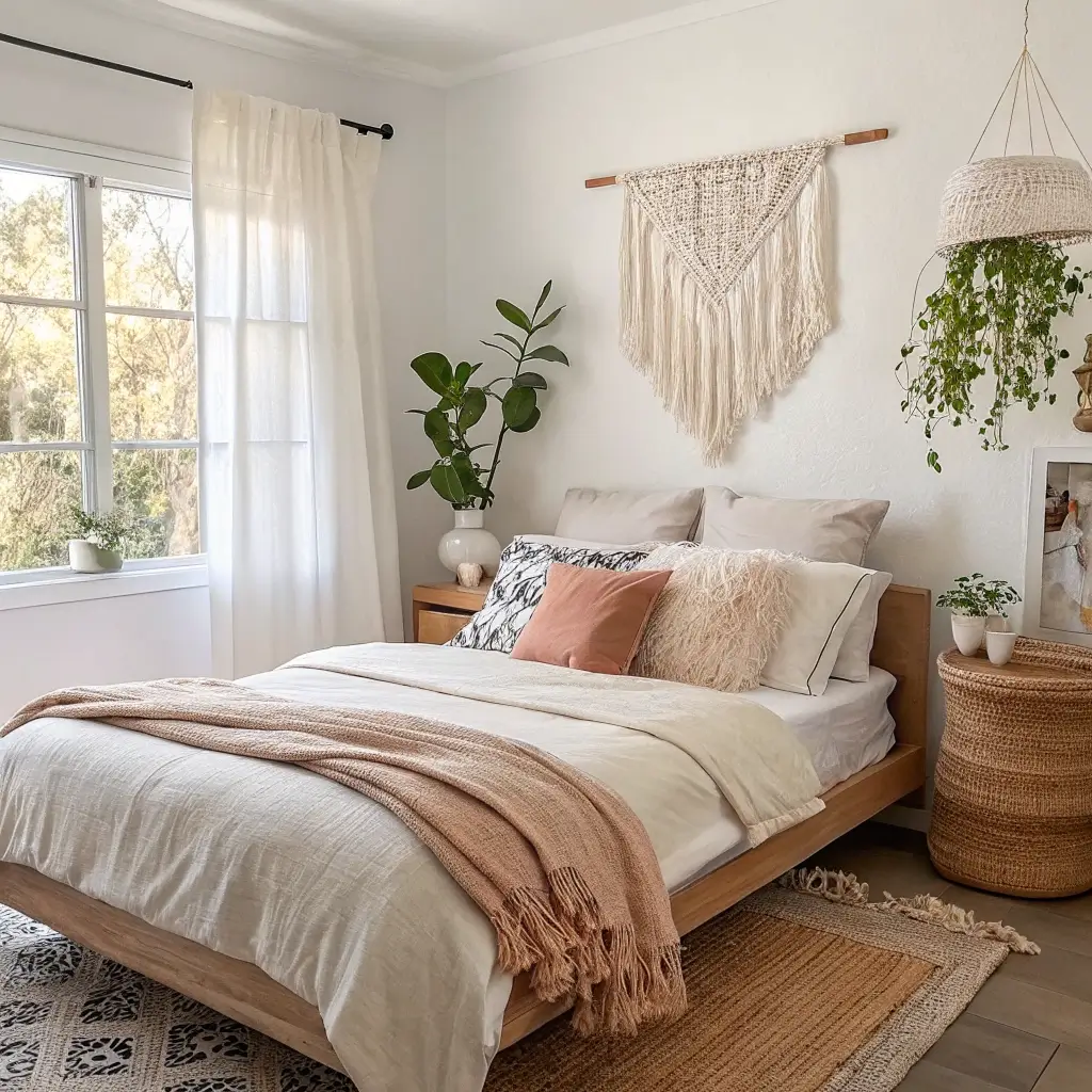 Serene sunlit bedroom with cream linen bed, sage throw, blush and terracotta pillows, macramé wall hanging, pothos plant, oak nightstand with pampas grass, and jute rug.