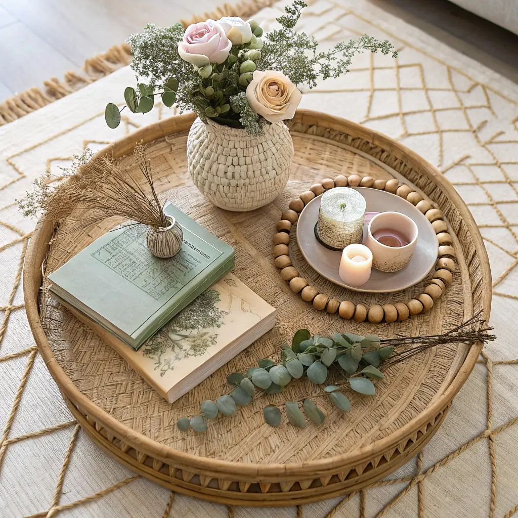 Overhead flat lay of a spring-styled round rattan coffee table with seagrass tray, art books, terracotta vase of blush ranunculus and eucalyptus, beeswax candle, and brass dish on layered jute and Moroccan rugs.