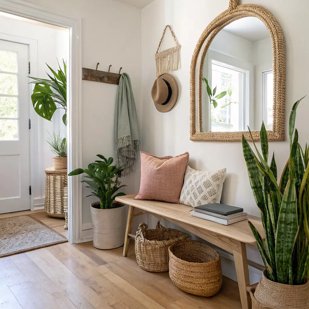 Cozy rental entryway nook with reclaimed wood bench, rattan arched mirror, snake plant in terracotta pot, woven basket, and jute runner in warm late-afternoon light.