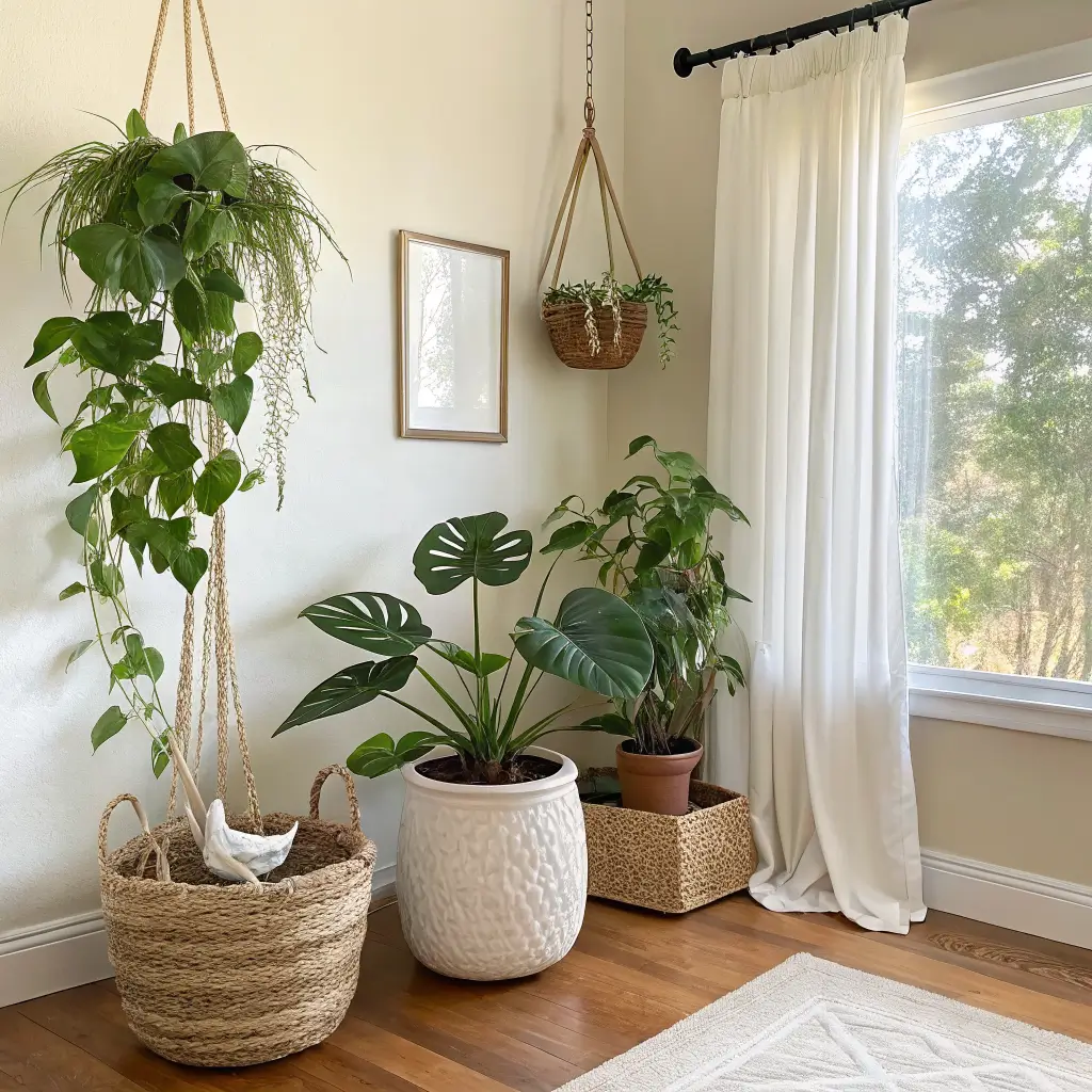 Photorealistic living room corner with bird of paradise in a seagrass basket, monstera on a rattan stand, and string of pearls in macramé hanger by a sheer-curtained window in spring morning light.